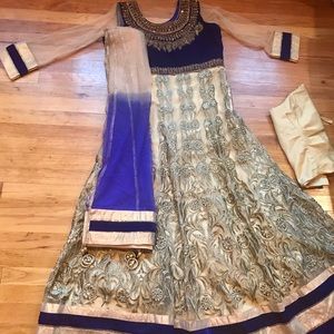 Indian anarkali dress blue and gold NWOT